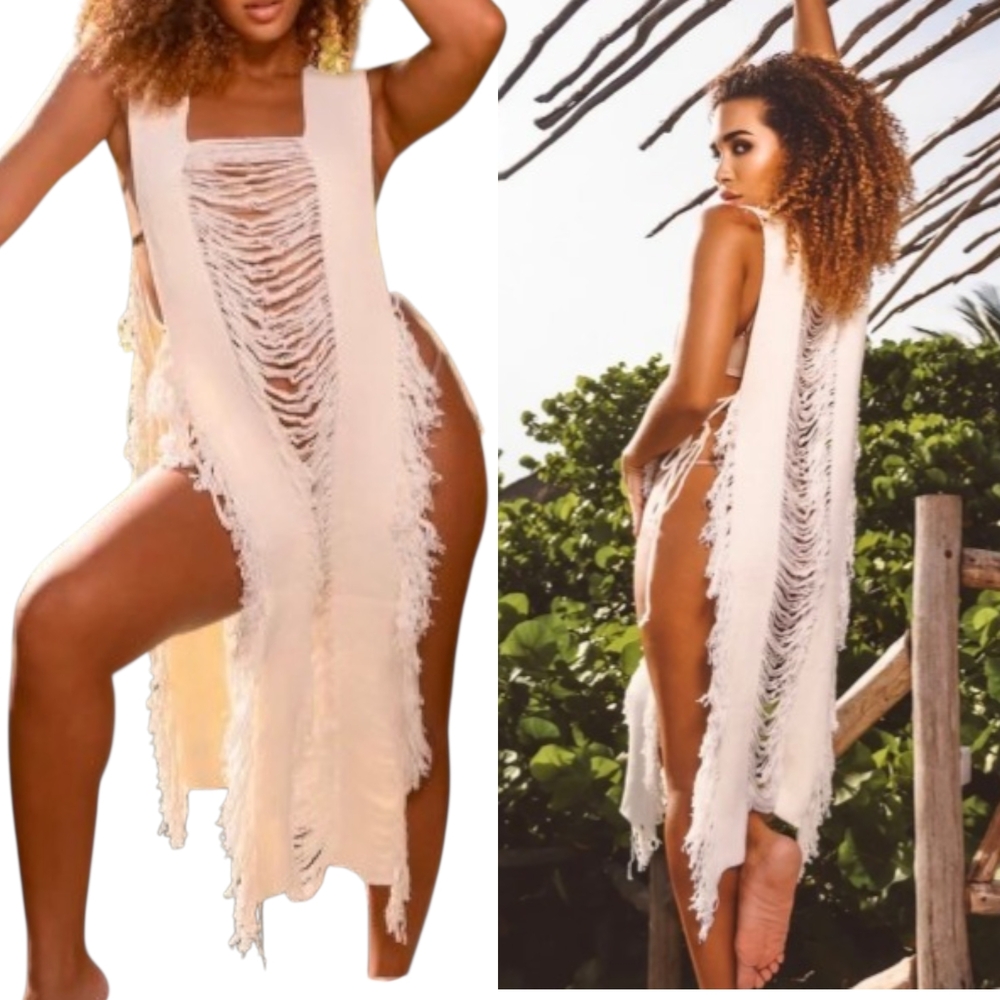 Crochet Beach Dress: Bohemian Hallow Sleeveless With Slit Sz XL - Picture 2 of 8